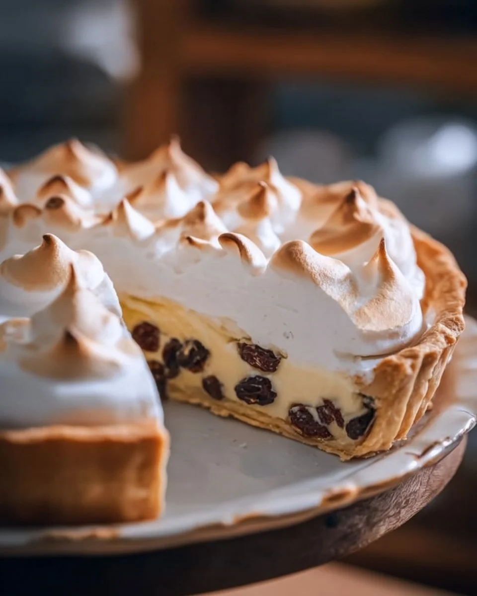 Delicious sour cream raisin pie with creamy texture and raisin topping