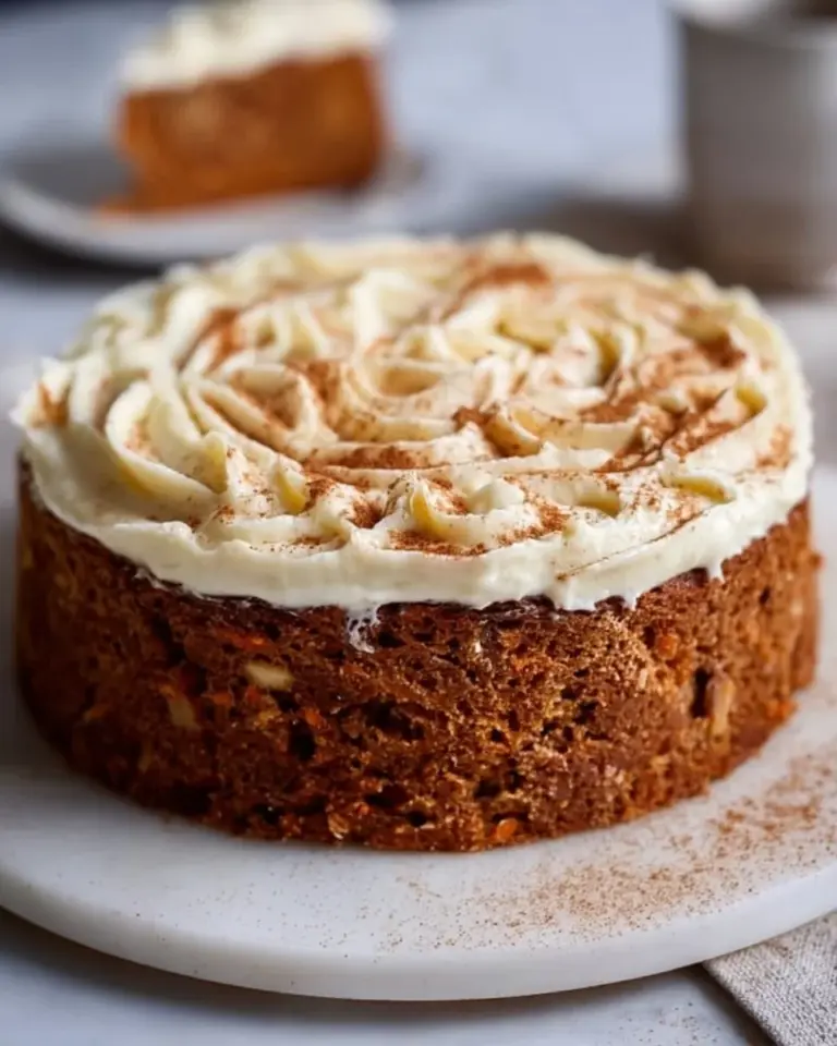 Delicious spiced carrot cake topped with cream cheese frosting and walnuts