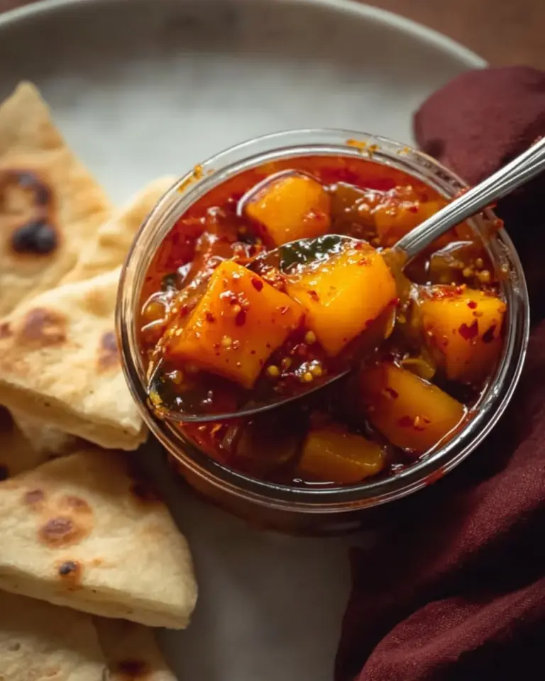 Bowl of homemade spicy mango pickle with spices and ingredients