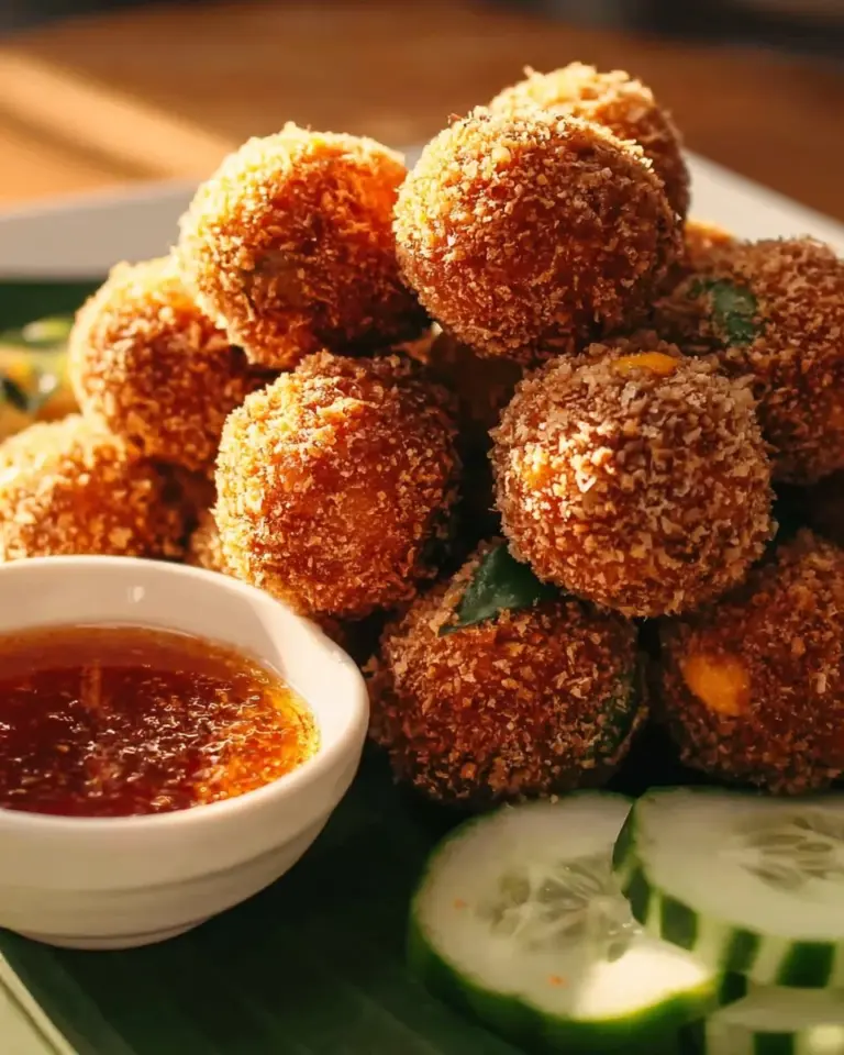 Plate of delicious spicy Thai shrimp cakes garnished with herbs