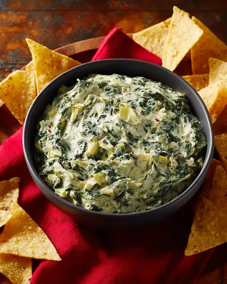 Creamy Spinach Artichoke Dip served in a bowl with tortilla chips