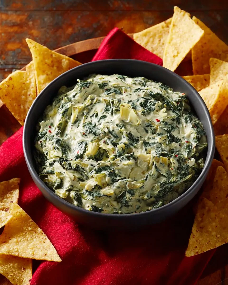 Creamy Spinach Artichoke Dip served in a bowl with tortilla chips