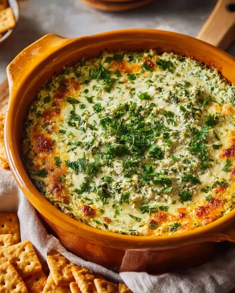 Delicious baked spinach artichoke dip served in a dish with tortilla chips