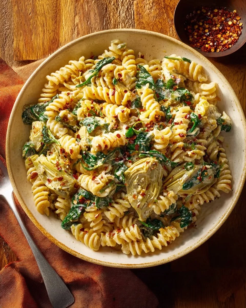Creamy spinach artichoke dip pasta served in a bowl with herbs.