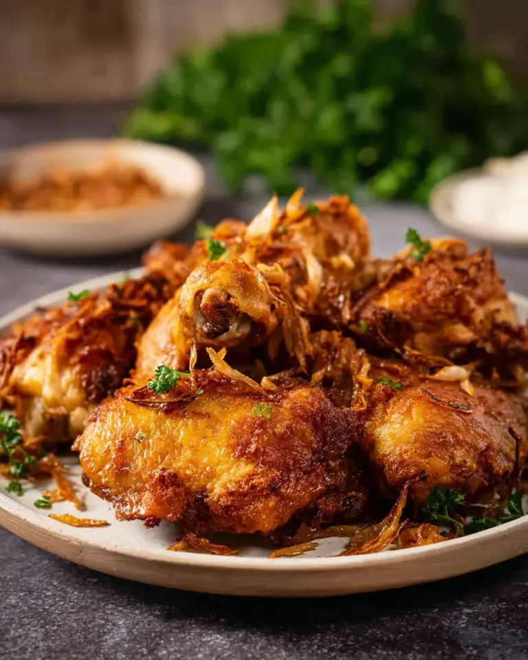 Delicious traditional Thai Fried Chicken, Hat Yai style, served with dipping sauce.