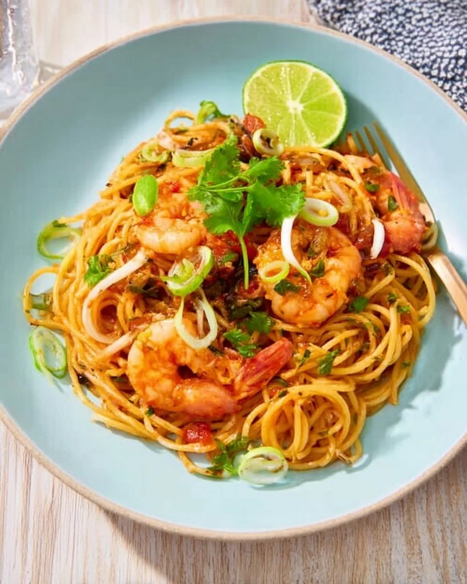 Tom Yum Spaghetti with Shrimp