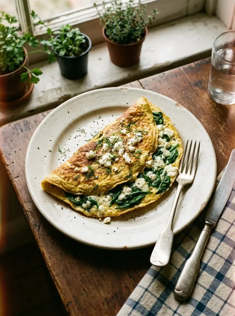 Delicious spinach feta omelet served on a plate garnished with herbs