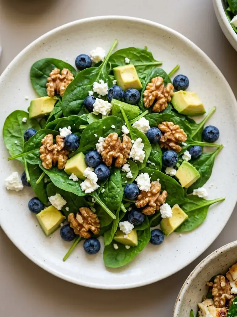 Fresh spinach blueberry salad with nuts and dressing on a plate