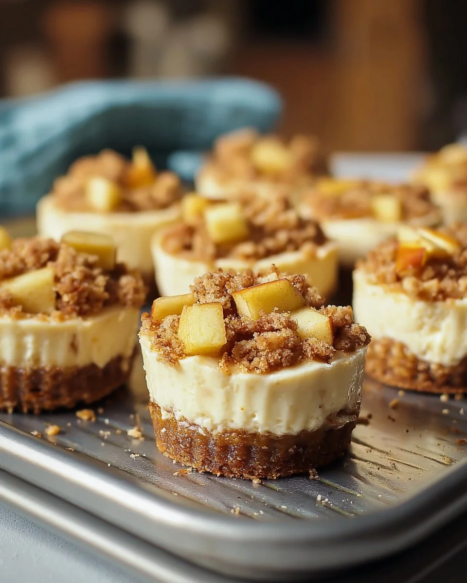 Delicious Apple Crisp Mini Cheesecakes topped with crumbly apple crisp.