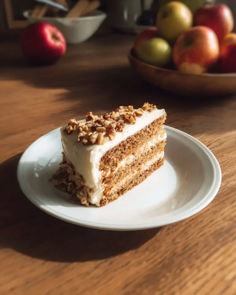 Slice of Apple Spice Cake topped with cream cheese frosting on a white plate.