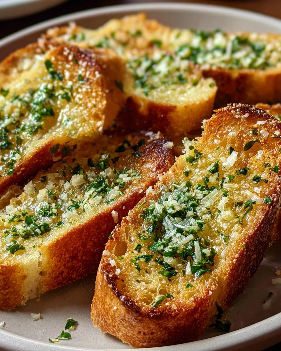 Artisan Parmesan Garlic Bread with melted cheese and garlic on a wooden board