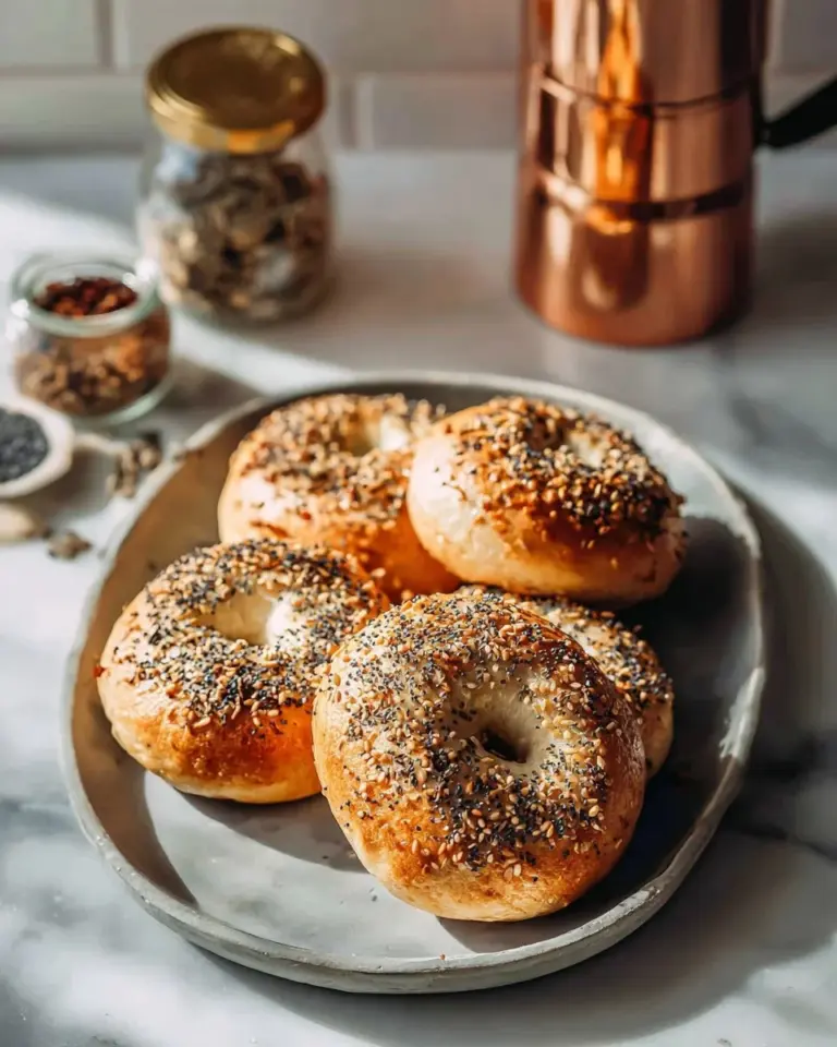 Freshly baked protein bagels stacked on a wooden cutting board.