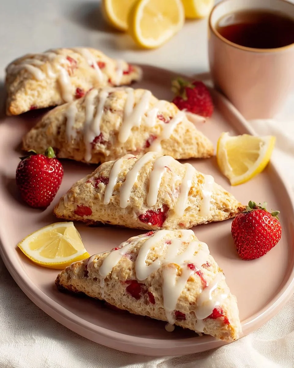 Bakery style strawberry scones with a lemon glaze on a rustic wooden table.