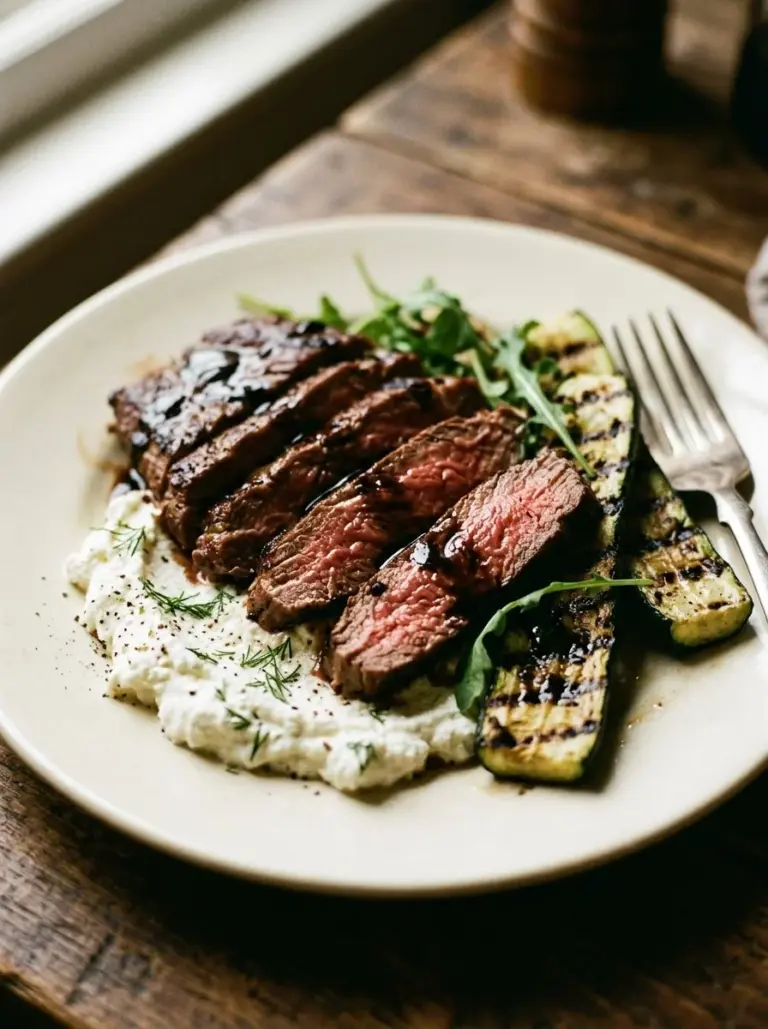 Balsamic flank steak served with grilled zucchini and whipped feta on a plate
