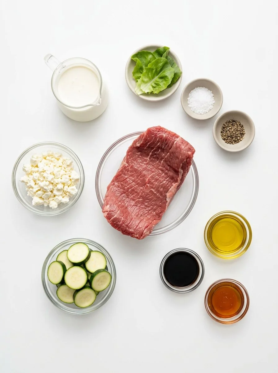 Balsamic Flank Steak with Grilled Zucchini and Whipped Feta