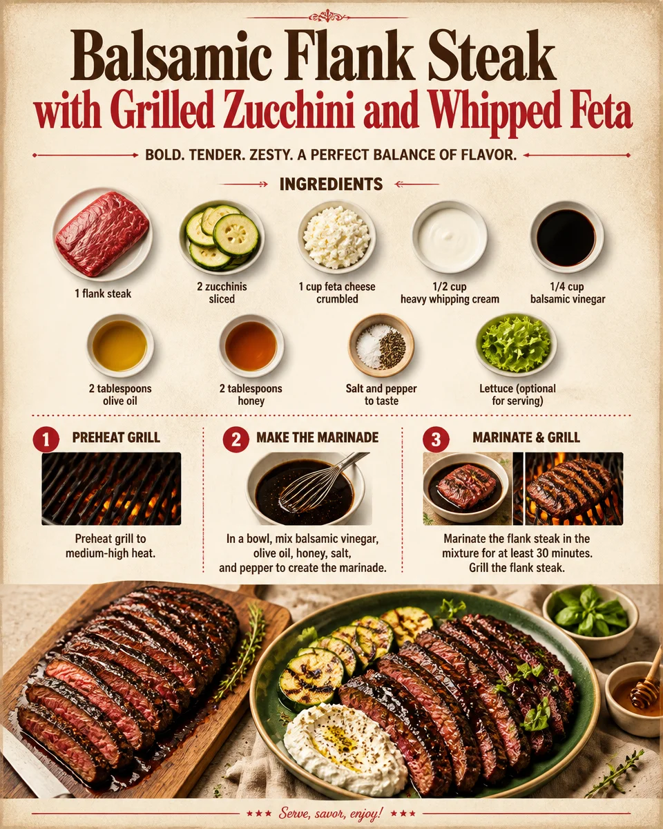 Balsamic Flank Steak with Grilled Zucchini and Whipped Feta
