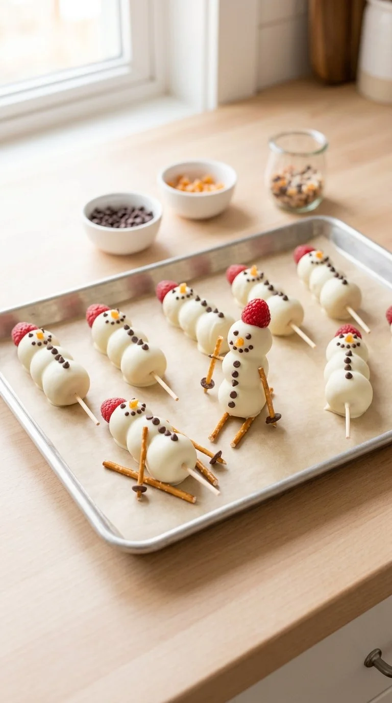Cute Banana Snowmen treat made with bananas, raisins, and chocolate.
