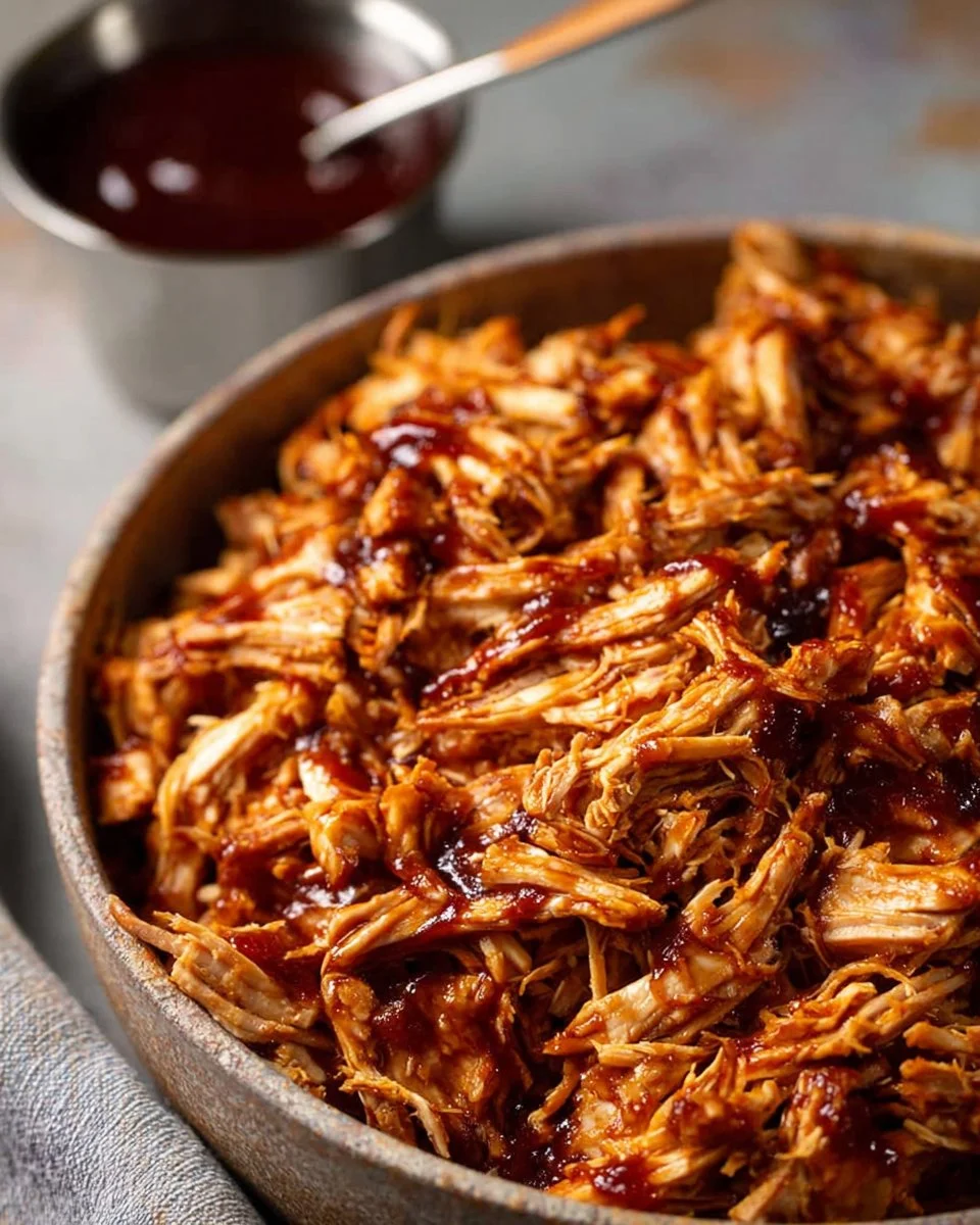 Delicious BBQ shredded chicken served with sauce and herbs on a plate.