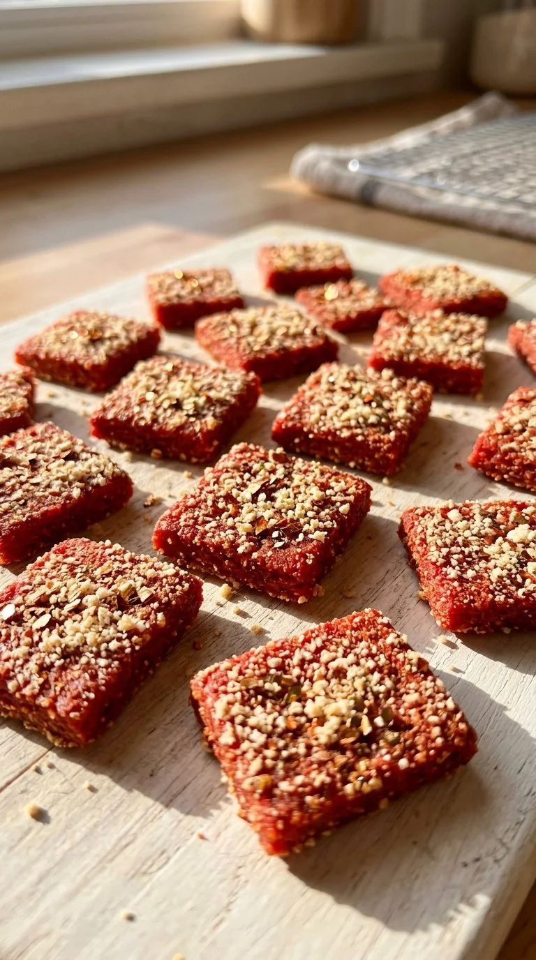 Gluten-free beet crackers on a wooden board, healthy snack option