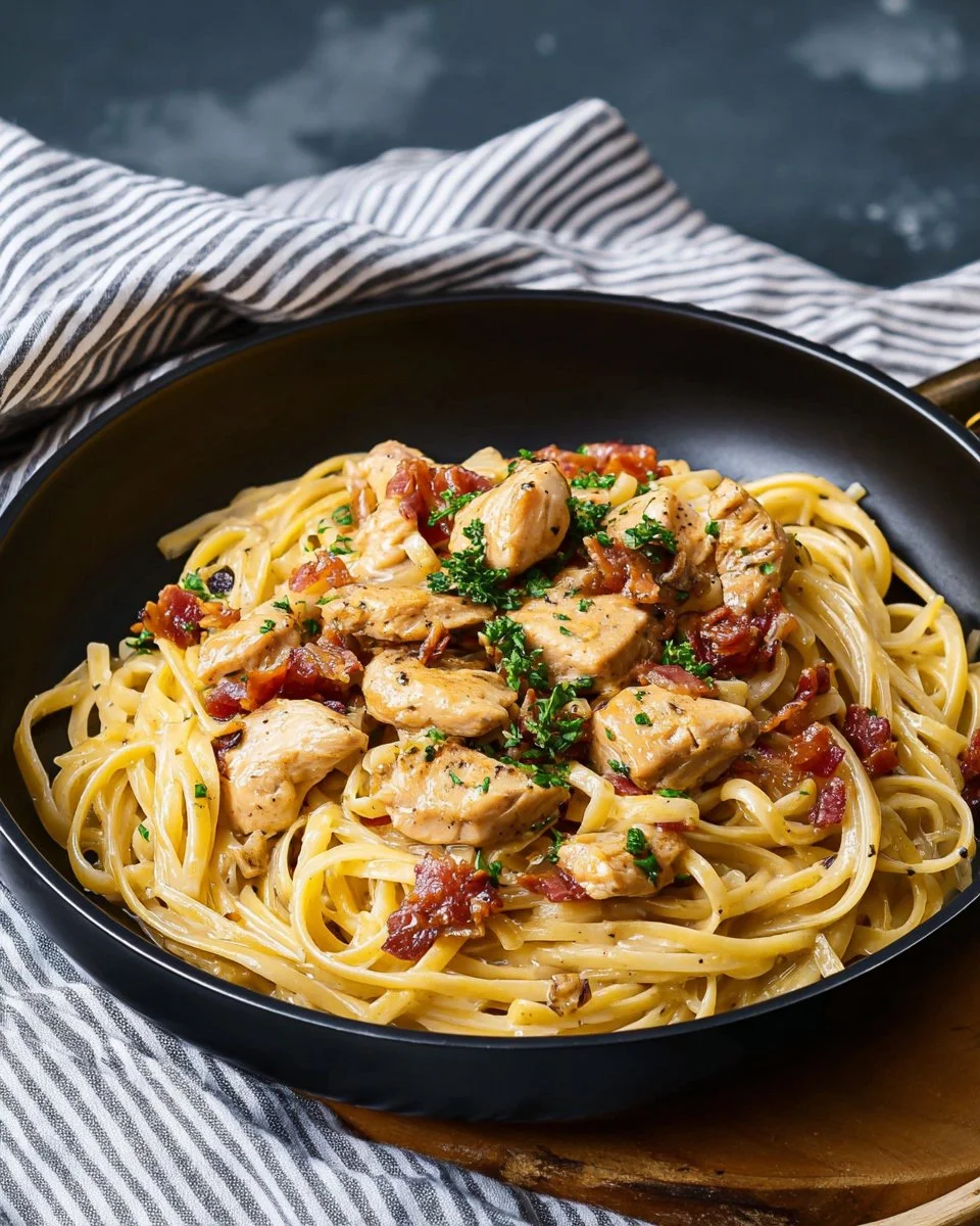 Delicious bowl of chicken carbonara topped with parsley and parmesan cheese.