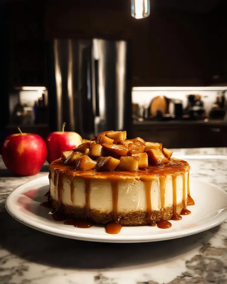 Delicious caramel apple cheesecake topped with caramel drizzle and apple slices