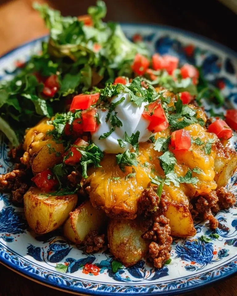 Cheesy Taco Potatoes Bake topped with ground beef and melted cheese