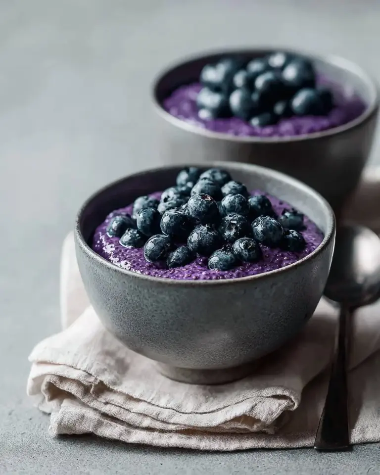 Chia pudding topped with fresh blueberries in a glass bowl.