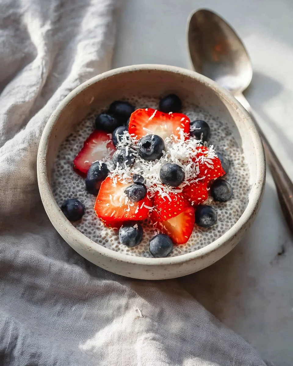 Delicious chia seed pudding topped with fresh fruits and nuts