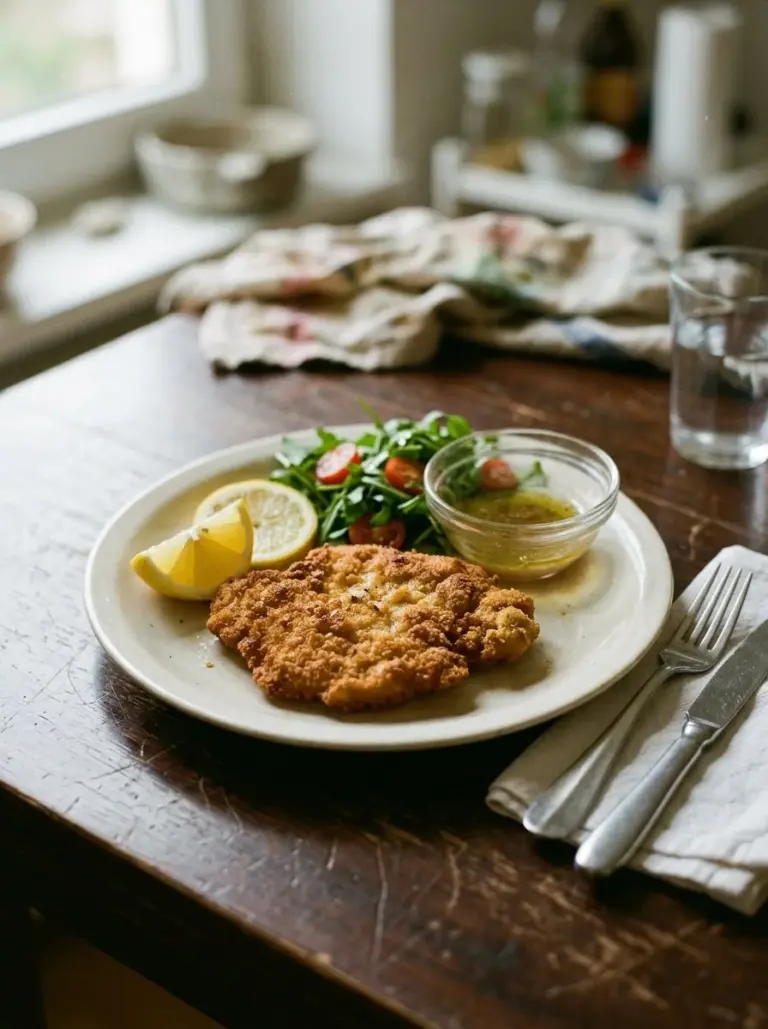 Plate of delicious Chicken Milanese topped with arugula and lemon.