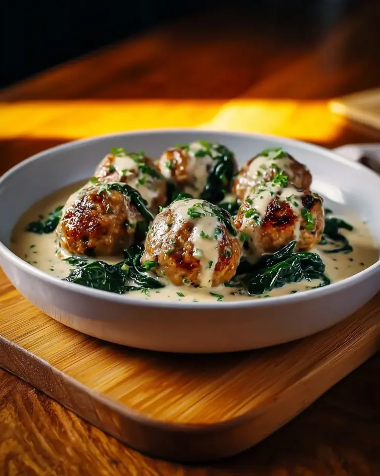 Chicken ricotta meatballs topped with spinach Alfredo sauce