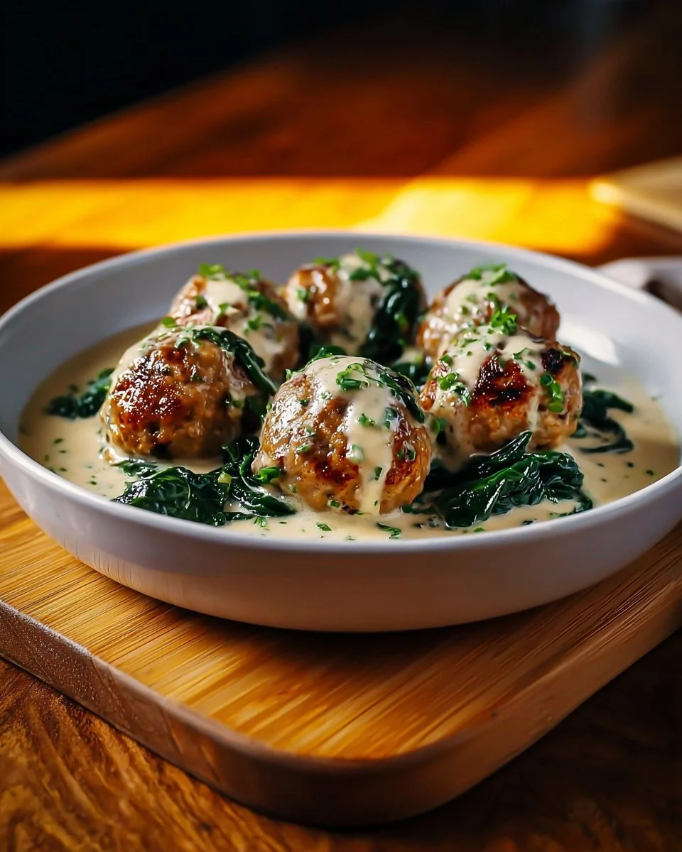 Chicken ricotta meatballs topped with spinach Alfredo sauce