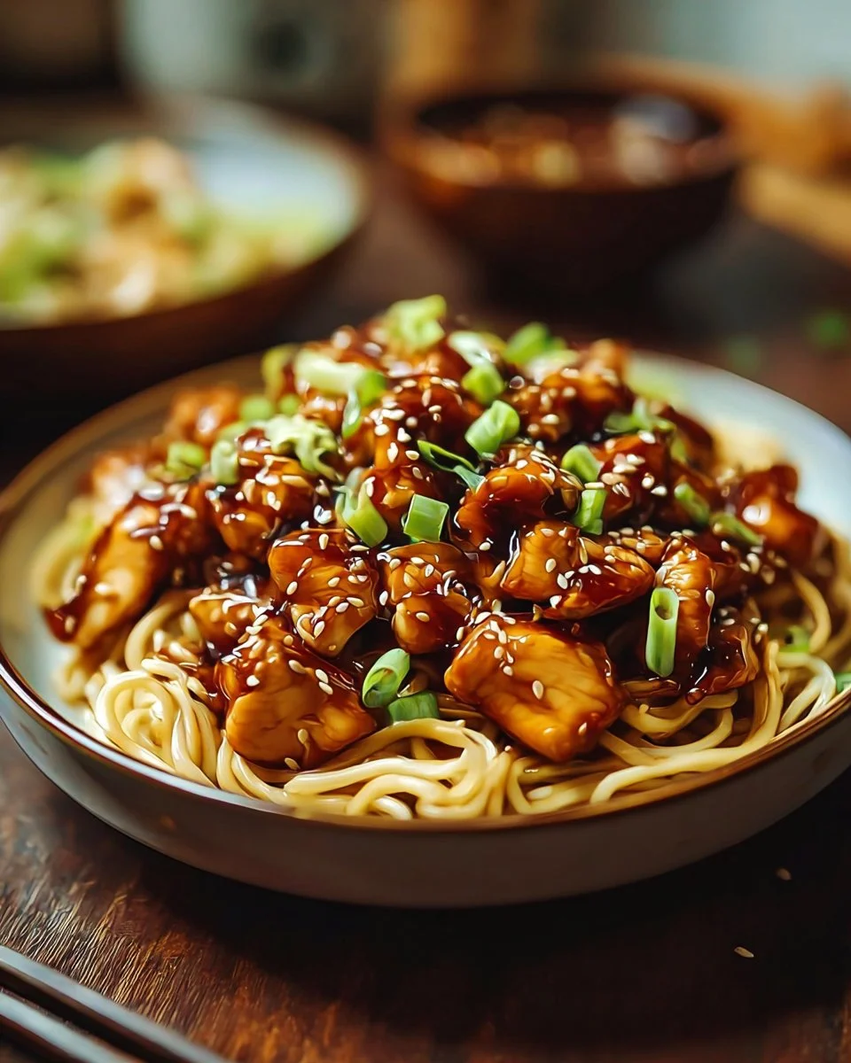A bowl of Chicken Teriyaki Noodles garnished with vegetables and sesame seeds