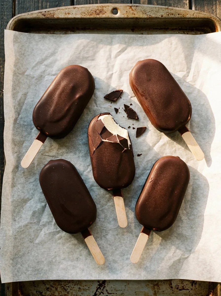 Decadent chocolate covered banana ice cream bars on a wooden plate