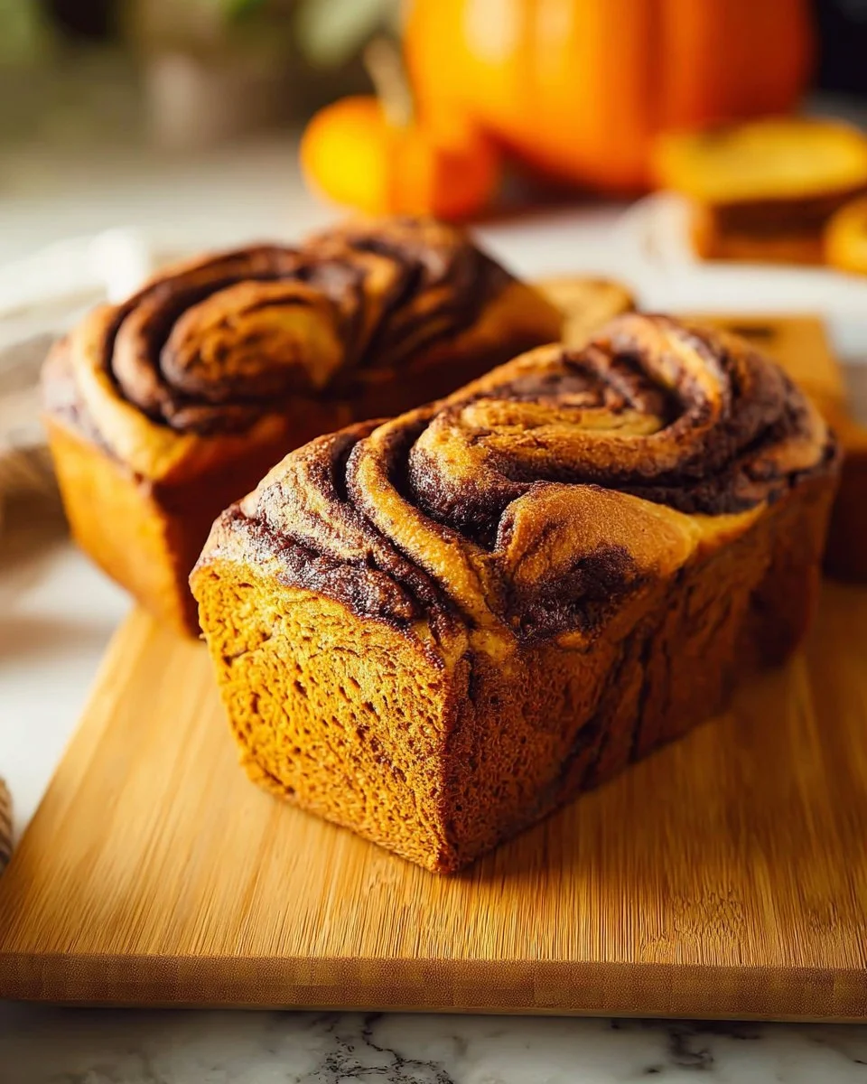 Slice of Cinnamon Swirl Pumpkin Bread with spices on a wooden table