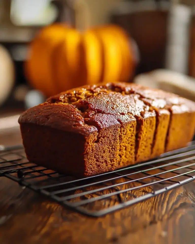 Freshly baked classic pumpkin bread on a wooden table.