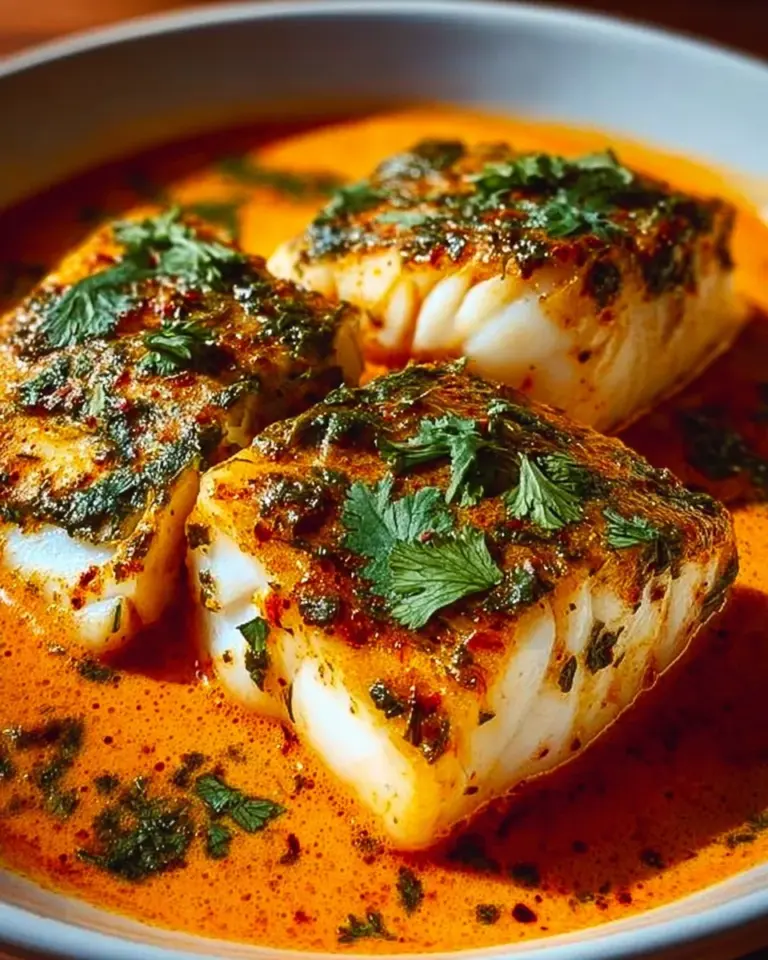Cod fillets served in roasted red pepper sauce, garnished with herbs.