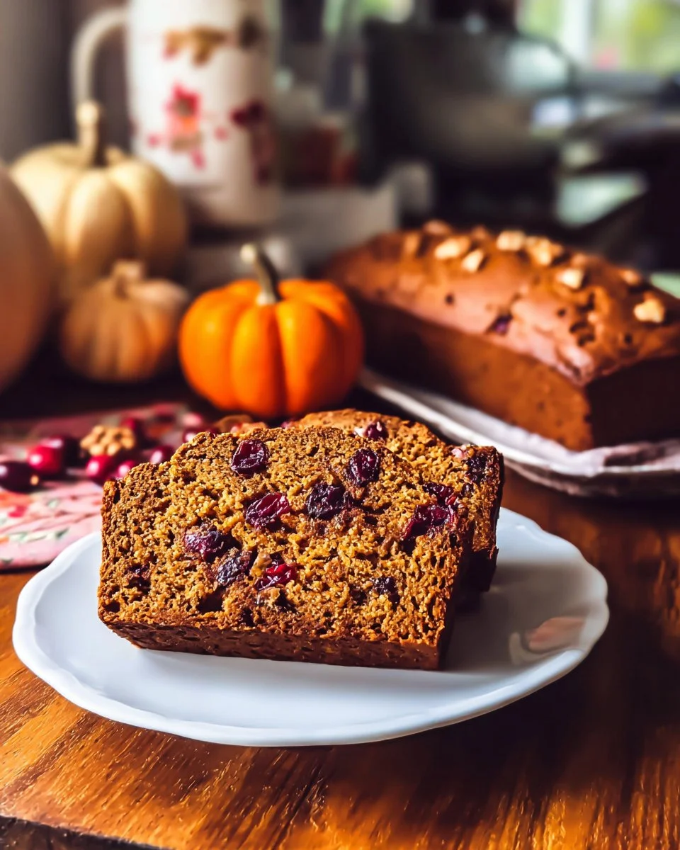 Cranberry Pecan Pumpkin Bread fresh out of the oven with cranberries and pecans