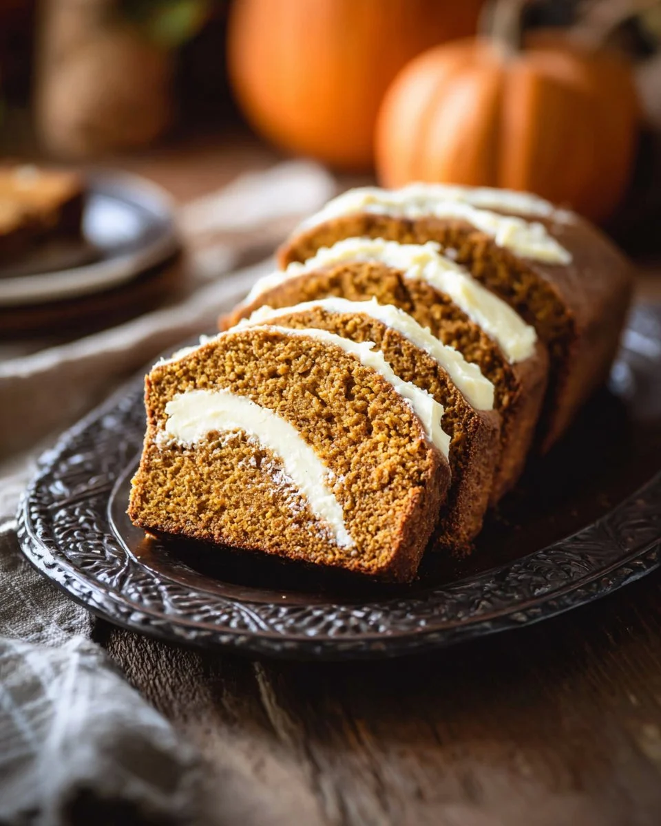 Delicious cream cheese filled pumpkin bread fresh out of the oven