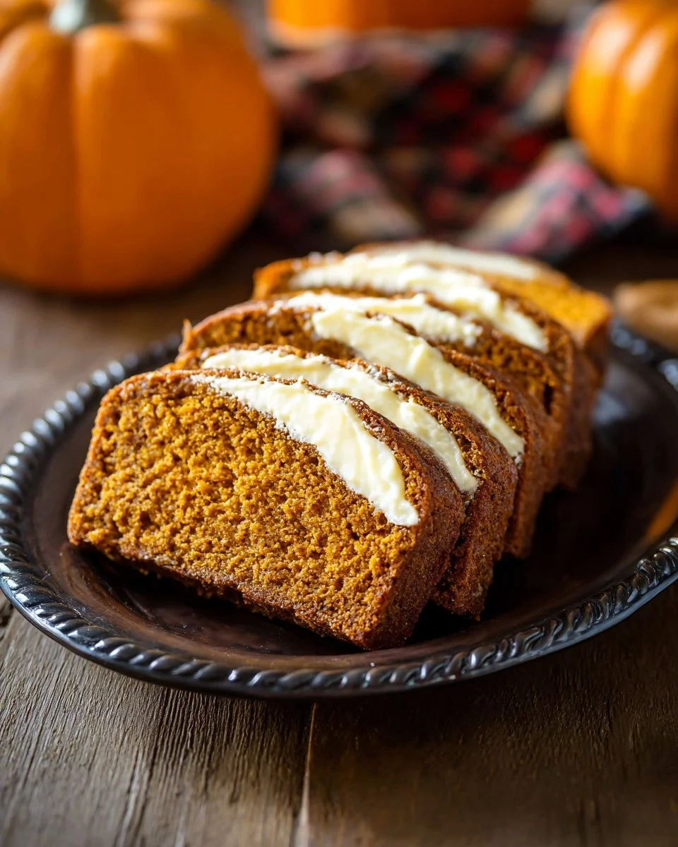 Sliced cream cheese filled pumpkin bread on a plate