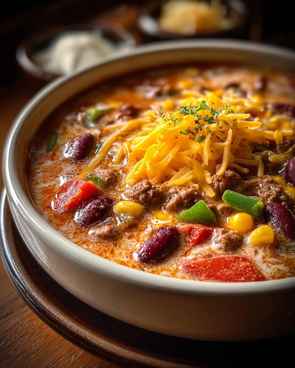 Bowl of creamy cowboy soup with vegetables and toppings, perfect for a hearty meal.