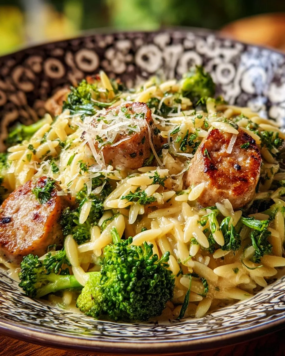 Creamy one-pot chicken sausage and broccoli orzo in a serving bowl