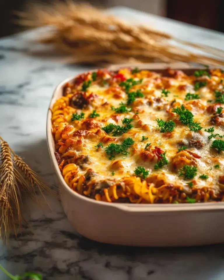 Creamy ramen noodle casserole topped with cheese and vegetables