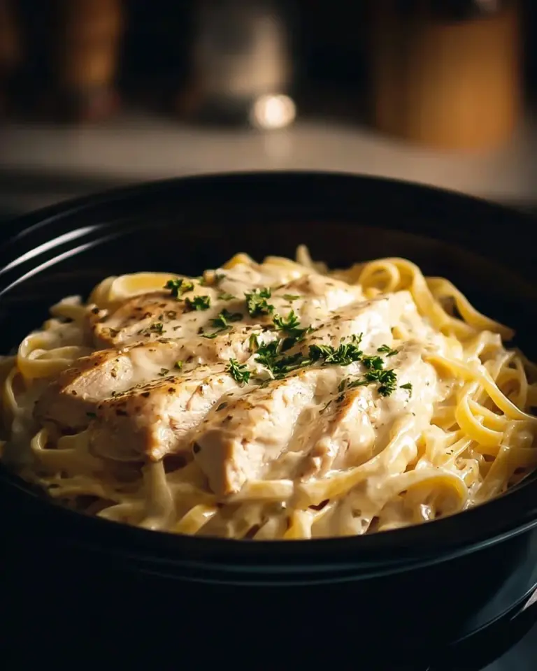 Delicious Crockpot Chicken Alfredo served with fettuccine pasta and herbs