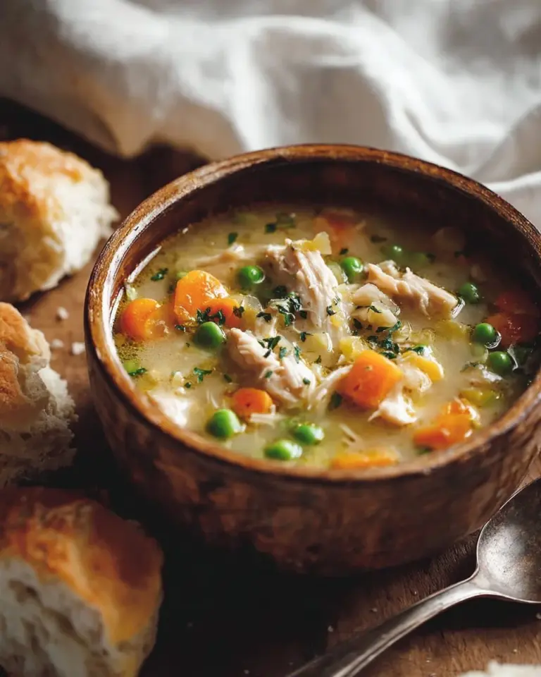 Crockpot Chicken Pot Pie Soup in a bowl, garnished and ready to enjoy.