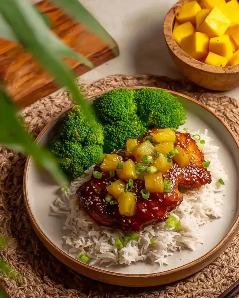 Crockpot Pineapple Teriyaki Chicken served with rice and vegetables