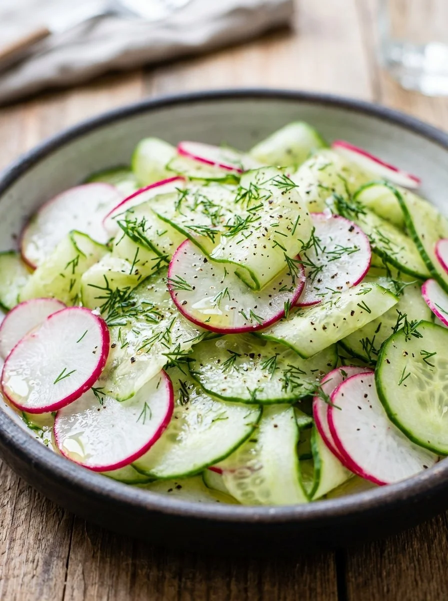Bowl of fresh Cucumber Dill Salad with herbs and dressing