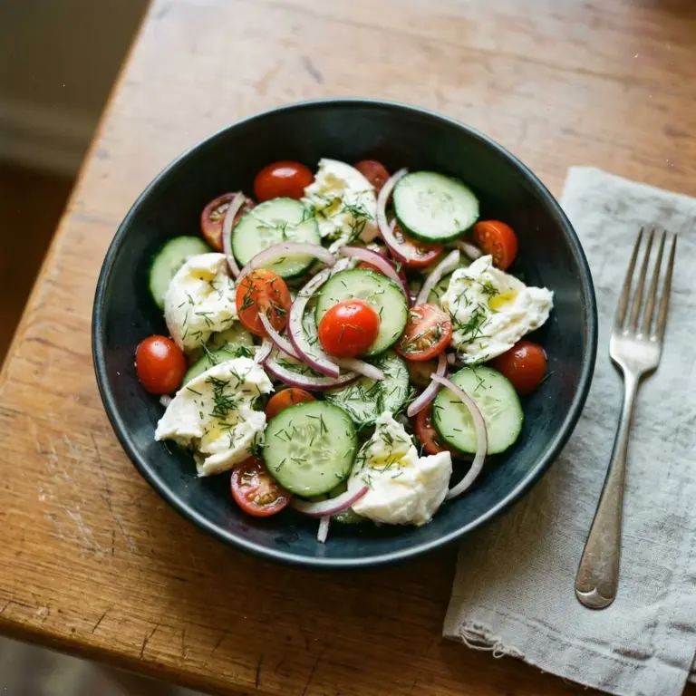 Fresh Cucumber Mozzarella Salad with cherry tomatoes and basil