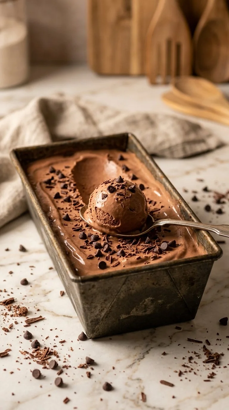 Delicious bowl of dairy free chocolate ice cream topped with nuts and chocolate chips