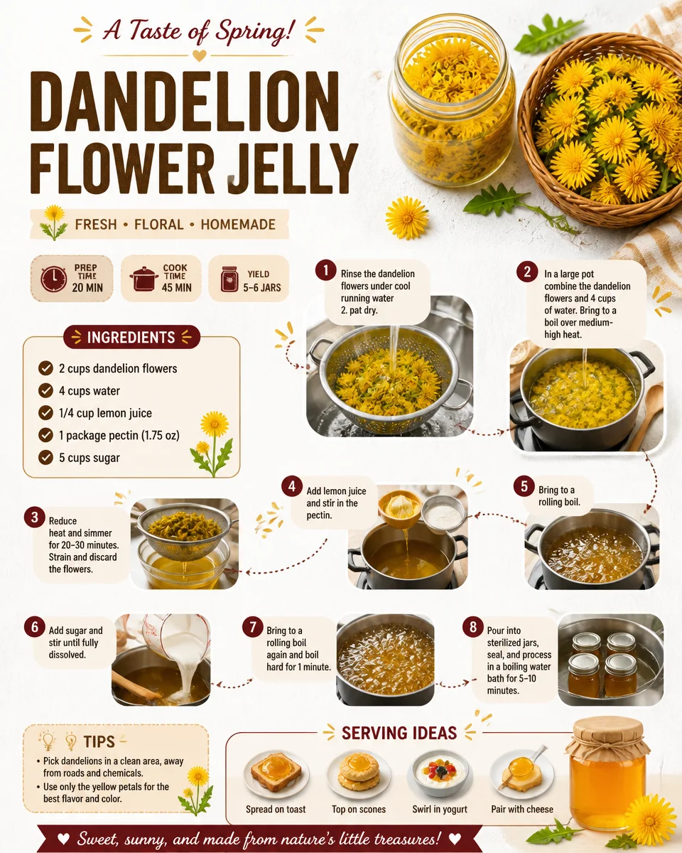 Homemade Dandelion Flower Jelly in a jar with floral accents.