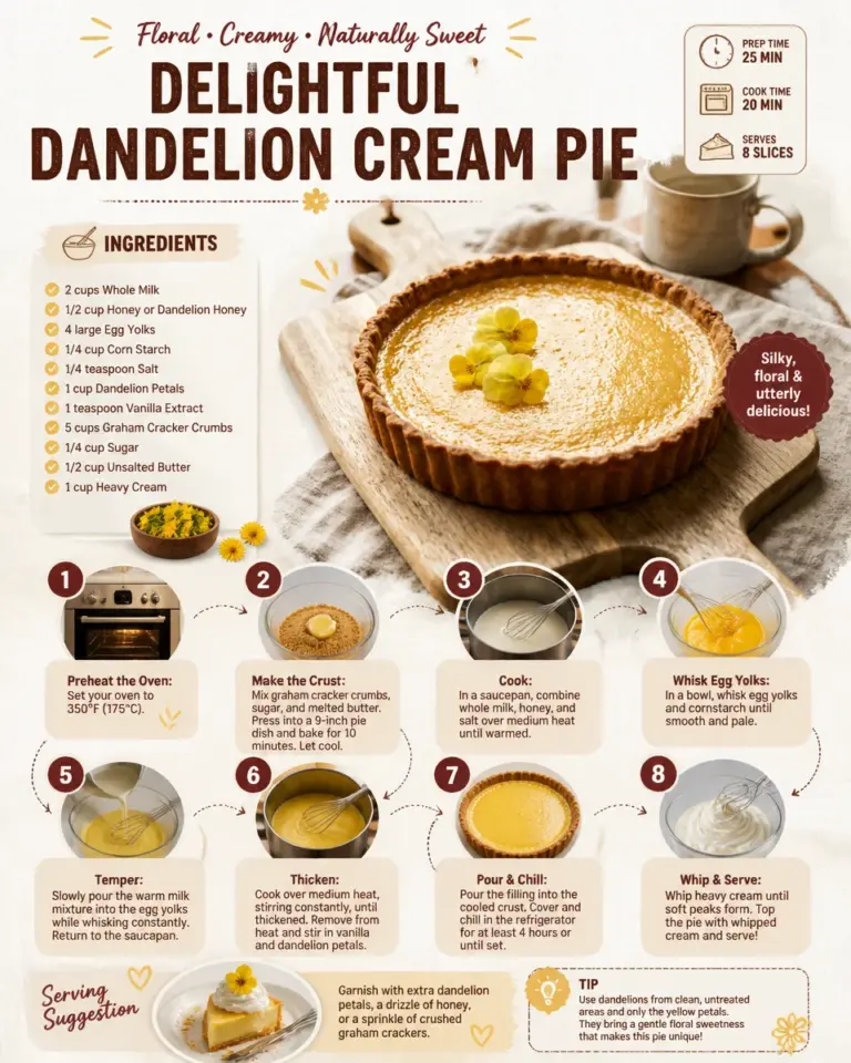 A slice of delightful dandelion cream pie topped with fresh dandelions and whipped cream